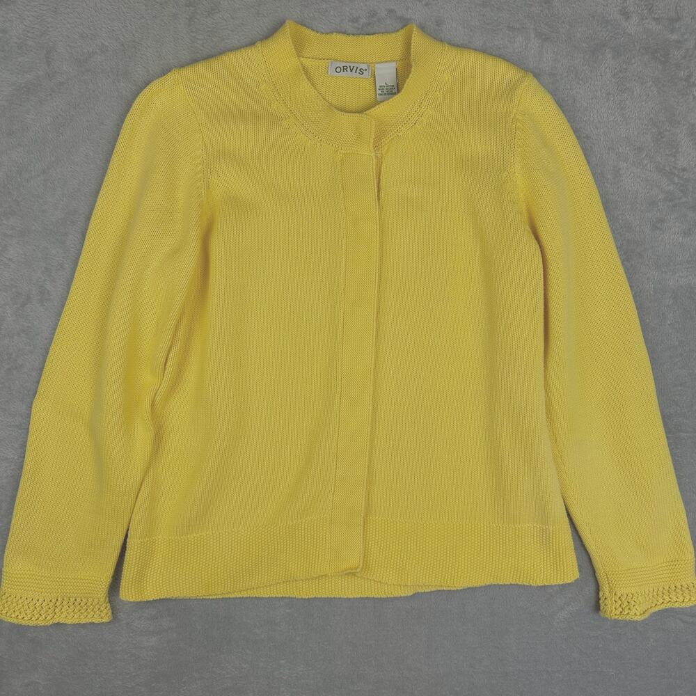 Orvis Bright Yellow Cotton Knit Cardigan Sweater Womens L Jewel Neck Ruffle